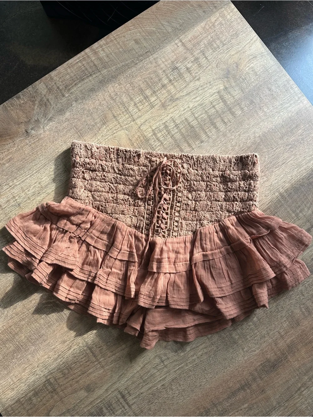 Free People Ruffled Smocked Mini Skirt - Rust Brown